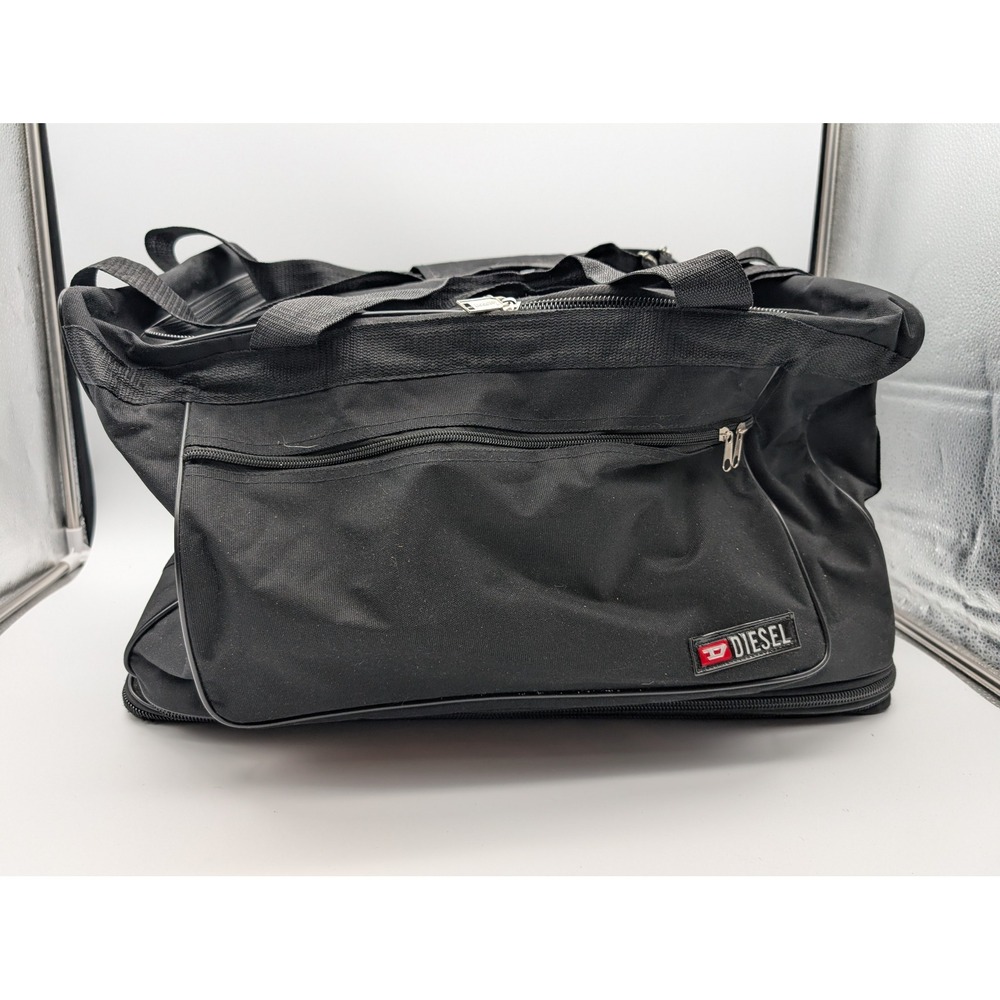 Diesel Black Canvas Duffel Bag Travel Gym Weekend Bag Zippered Base Pocket
